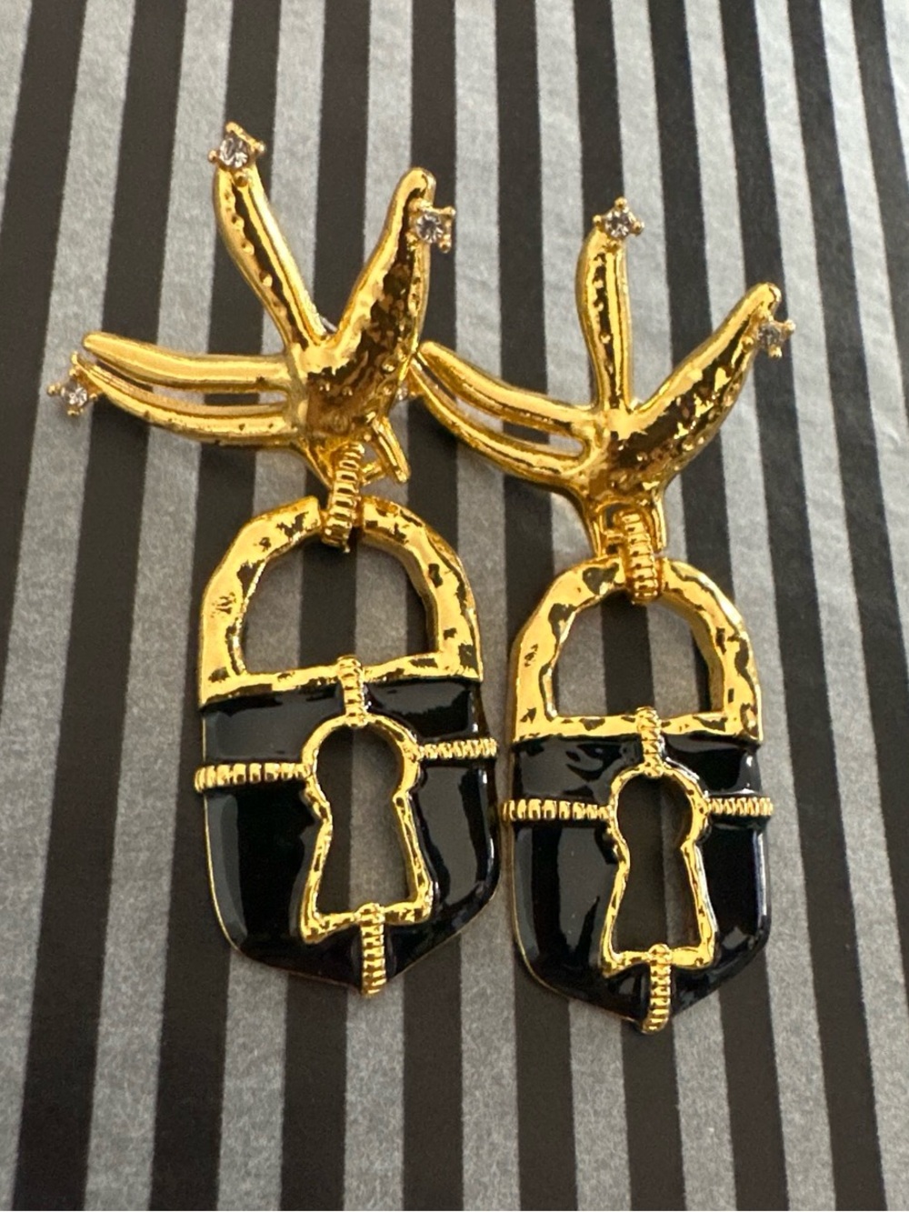Schiaparelli Inspired Gold & Black Bird Lock Drop Earrings - Elegant Accessories